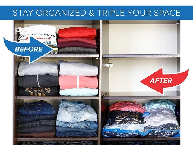 Illustration: wardrobe shelves before and after packing clothes into vacuum bags
