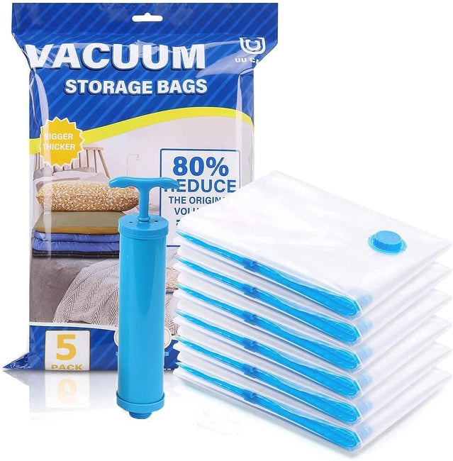 Pack of 5 vacuum storage bags with a blue hand pump