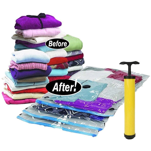 Illustration: a stack of clothes before and after vacuum packing, shown with a yellow hand pump