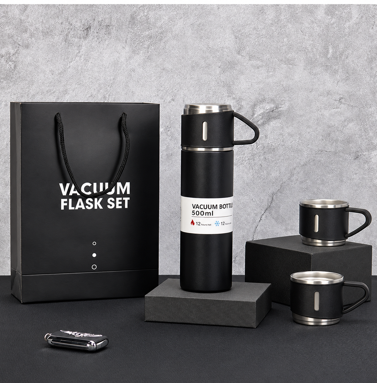 Vacuum Flask with Three Travel Cups